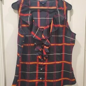Banana Republic Blouse Top Semi-Sheer Black Burgundy Mustard & Orange Plaid Sz L